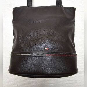 TOMMY HILFIGER Vintage Leather Bucket Shoulder Bag Black Brown